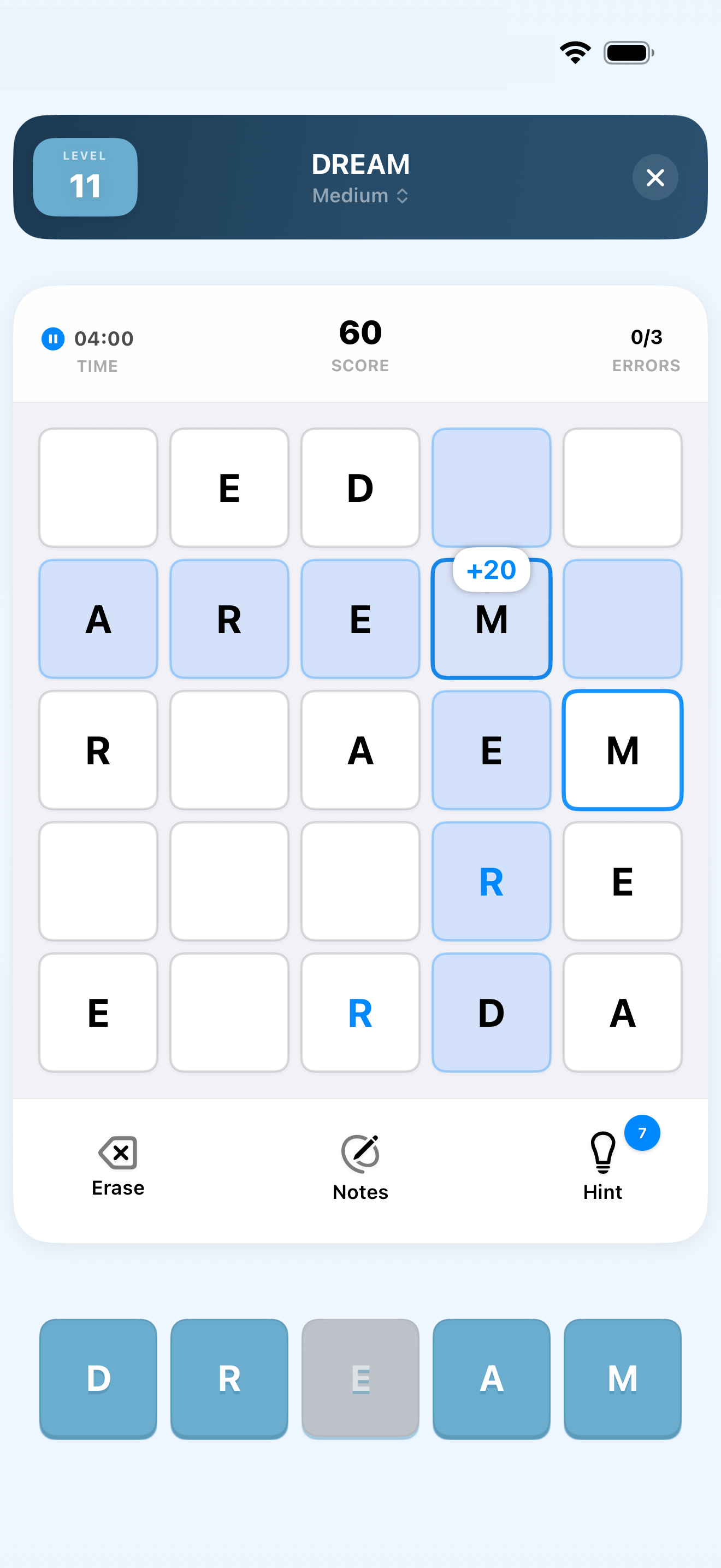 Lexoku gameplay screen showing a word puzzle grid in progress with letter tiles and hint indicators