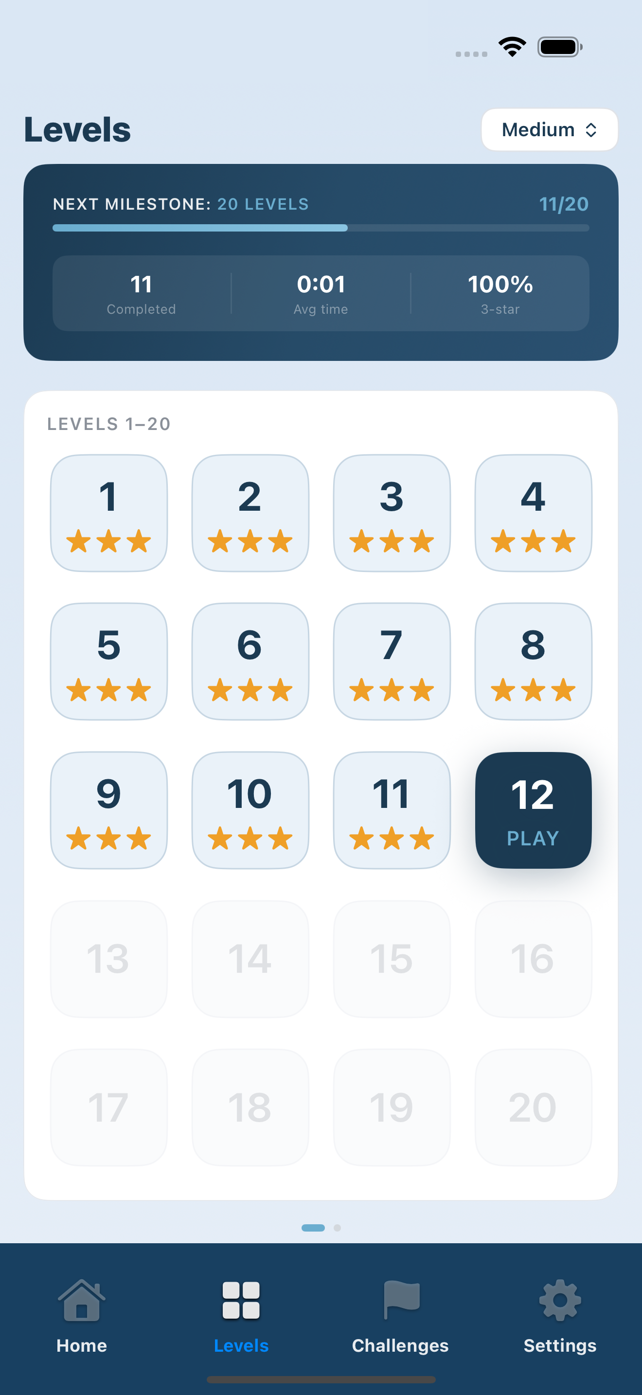 Lexoku iPhone app Level Progression screen with 6,000 brain-training word puzzles
