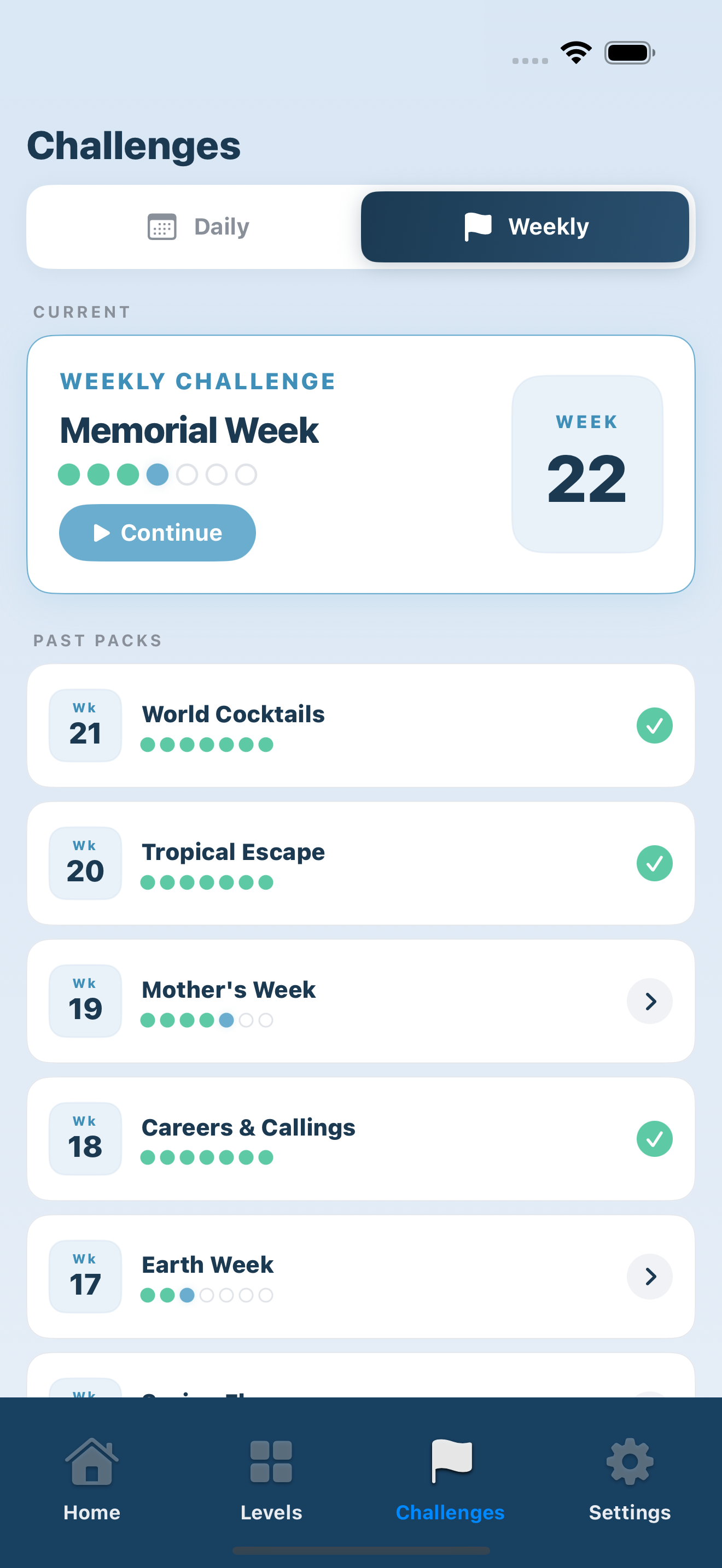 Lexoku Weekly Themed Packs screen: seven-puzzle word challenges on iPhone